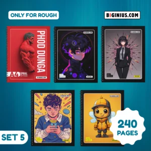 Set of 5 | 240 Pages A4 Notebook | Unruled Notebook | Spiral Binding | 50 GSM Rough Pages | 230 GSM Cover | School, College, Office & Exam Preparation